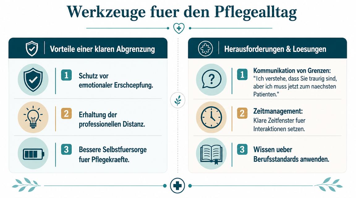Eine Infografik mit Tipps zu professioneller Nähe und Distanz im Pflegealltag für Pflegekräfte.