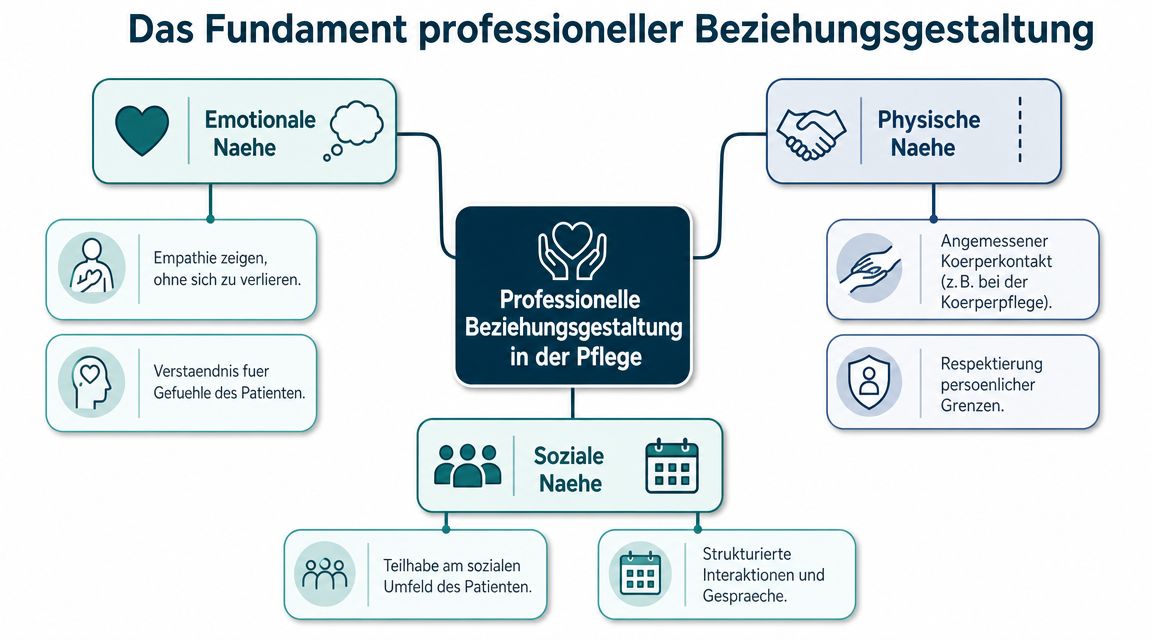 Eine Übersichtsgrafik zum Thema professionelle Beziehungsgestaltung in der Pflege mit emotionaler, physischer und sozialer Nähe als Grundpfeiler.