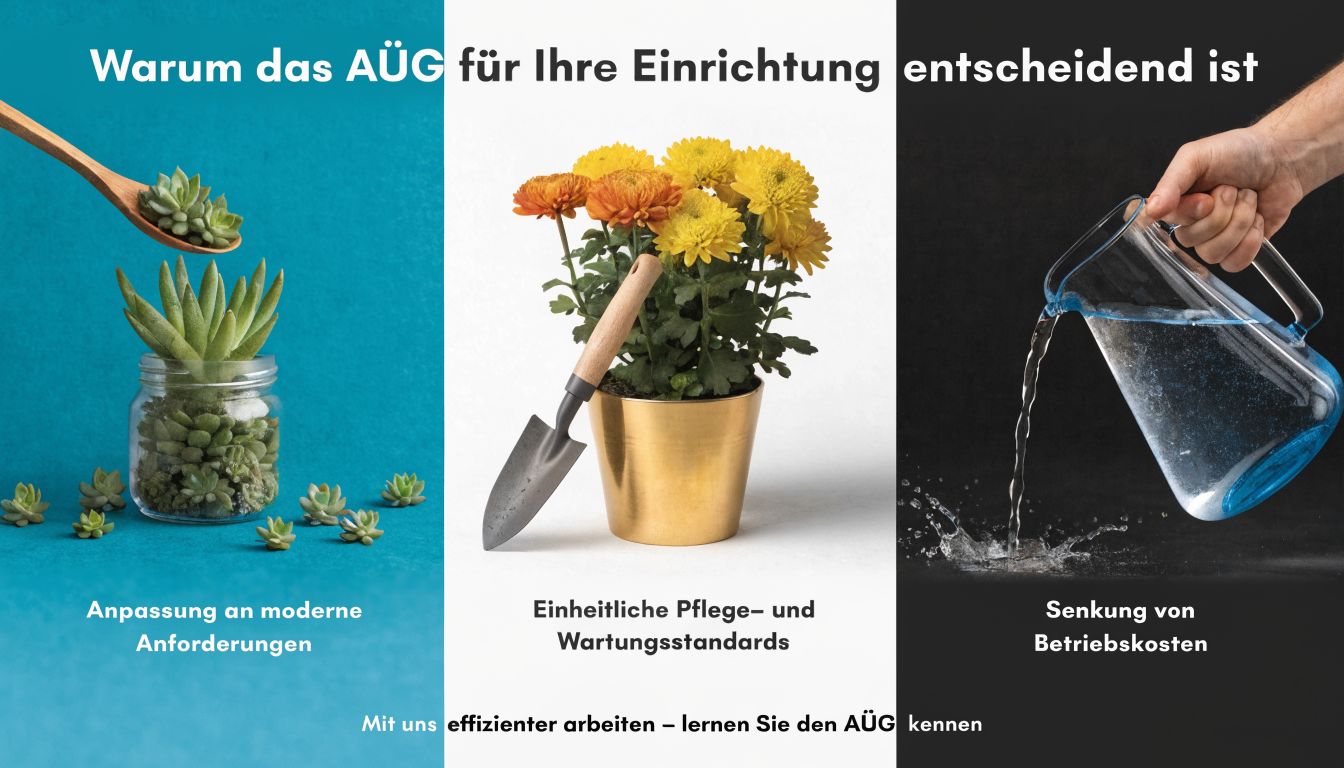 Infografik zur Bedeutung des Arbeitnehmerüberlassungsgesetzes für Einrichtungen mit symbolischen Bildern zu Anpassung, Standards und Kosten.