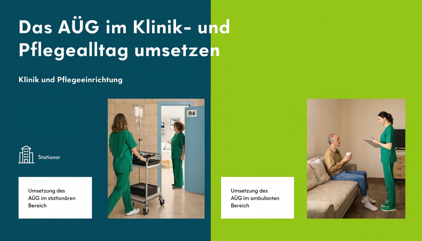 Informationsgrafik zur Umsetzung des Arbeitnehmerüberlassungsgesetzes in stationären Kliniken und ambulanten Pflegeeinrichtungen mit pflegendem Personal.