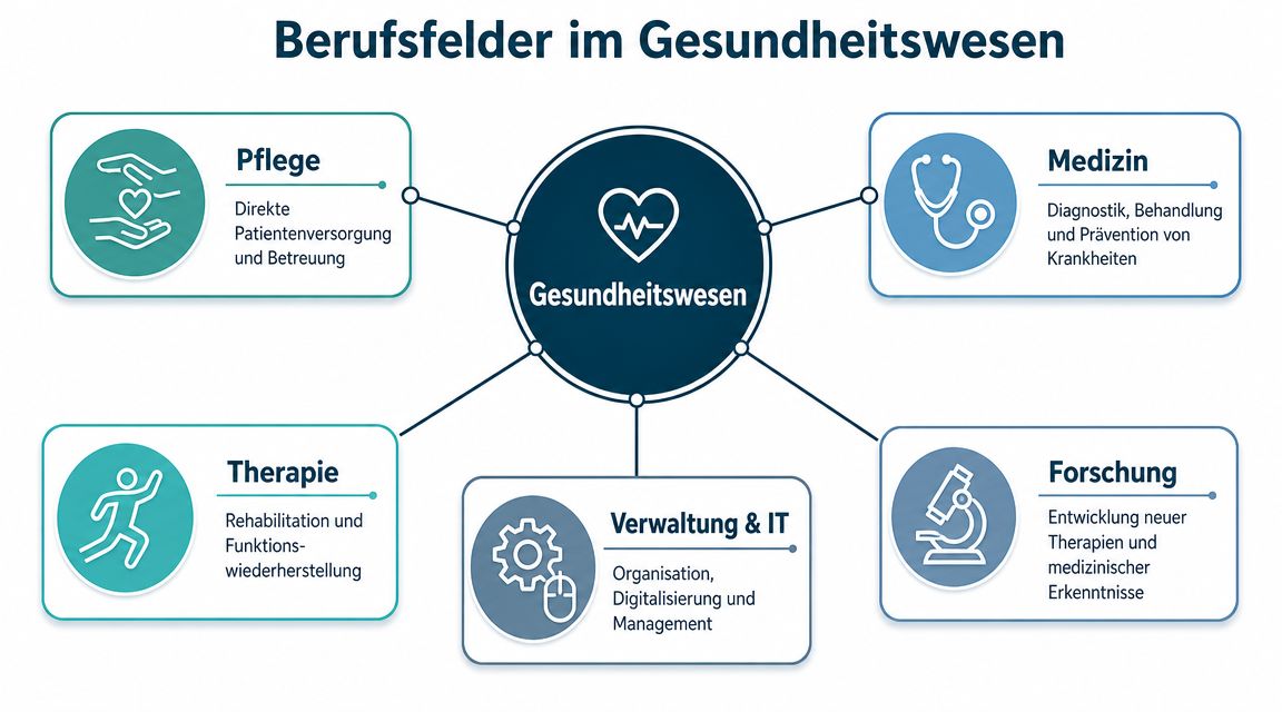 Eine Übersichtsgrafik über verschiedene Berufsfelder im Gesundheitswesen, einschließlich Pflege, Medizin, Therapie, Verwaltung, IT und Forschung.