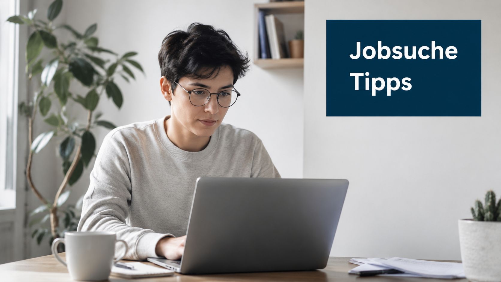 Eine Person mit Brille arbeitet konzentriert an einem Laptop am Schreibtisch während der Jobsuche.