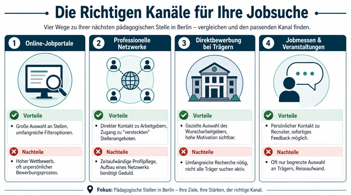 Eine Infografik zeigt vier Wege zur Suche nach pädagogischen Stellen in Berlin, inklusive Vor- und Nachteilen.