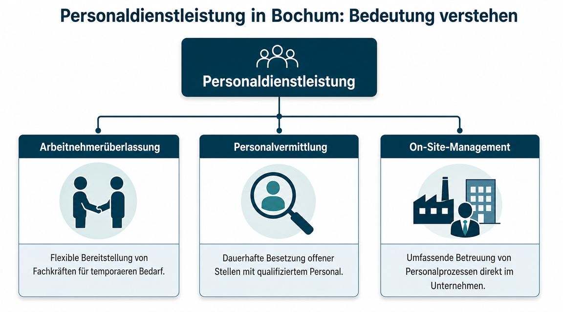 Eine Übersichtsgrafik über Personaldienstleistungen in Bochum, unterteilt in Arbeitnehmerüberlassung, Personalvermittlung und On-Site-Management für Unternehmen.