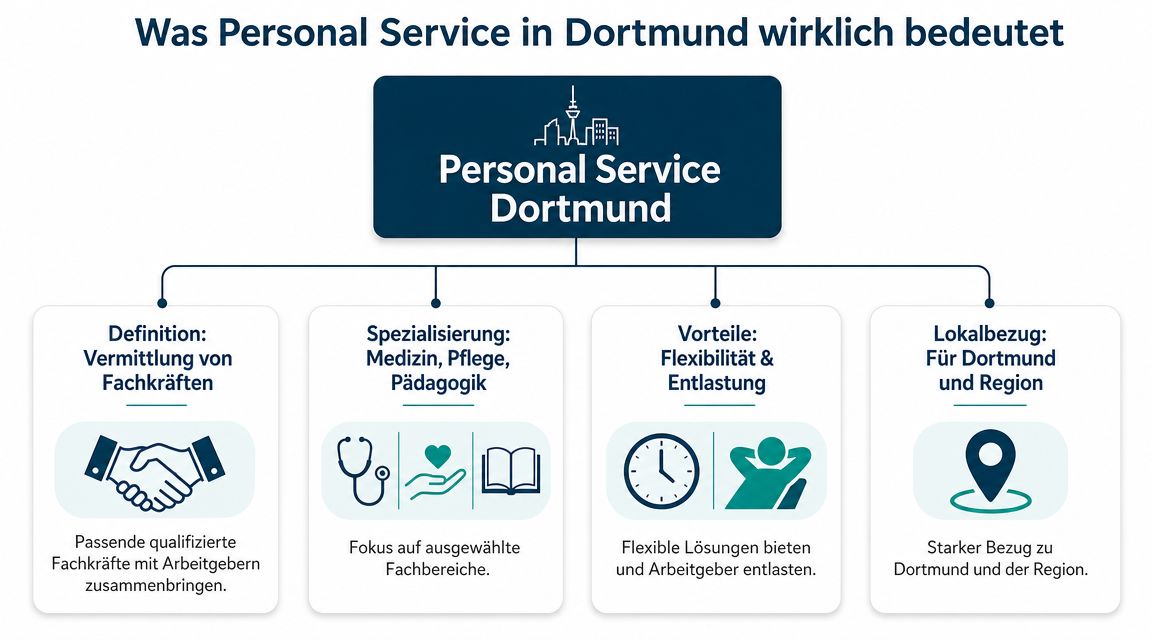 Eine Infografik zeigt die Definition, Spezialisierung, Vorteile und den Lokalbezug von Personal Service in Dortmund.