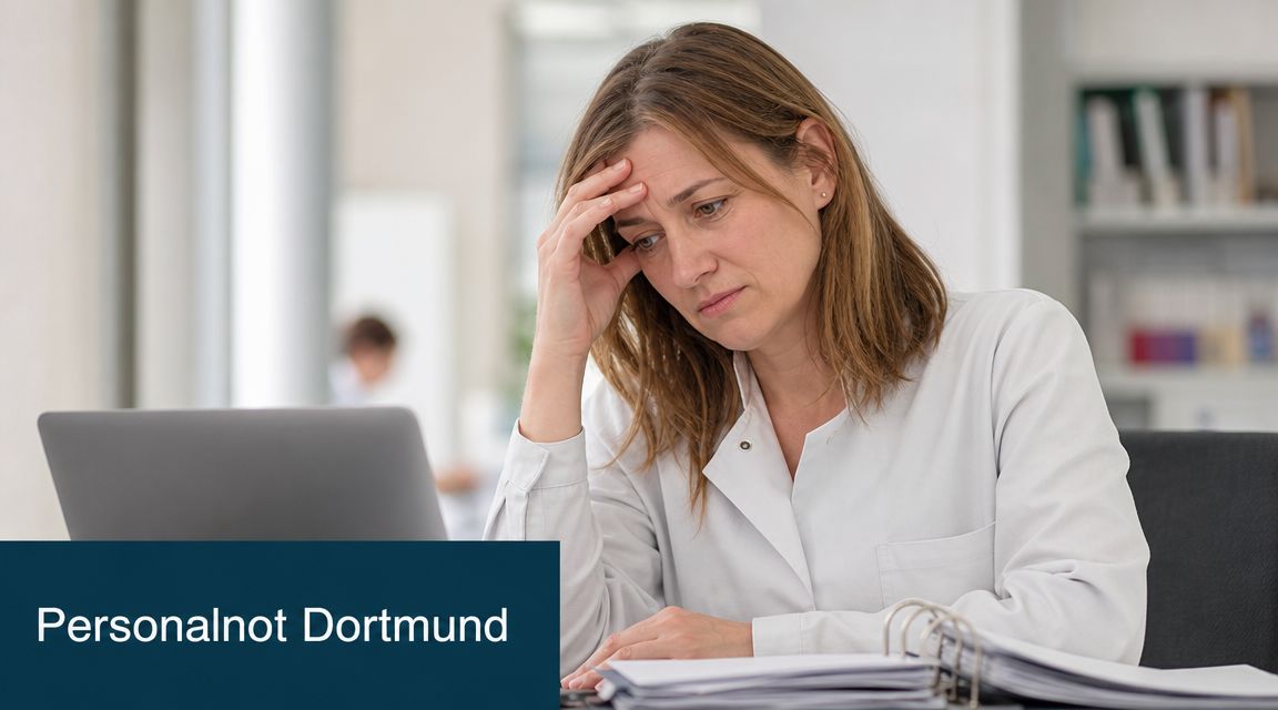 Eine gestresste Frau im weißen Kittel sitzt vor einem Laptop in einem modernen Büro und wirkt überfordert.