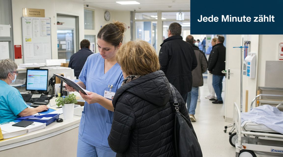 Eine Krankenschwester berät eine Patientin an der Anmeldung in einem Krankenhausflur, während andere Personen im Hintergrund warten.