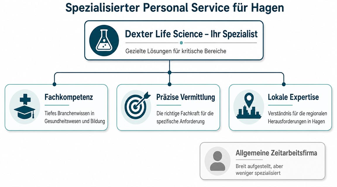 Grafik zum spezialisierten Personalservice Dexter Life Science für Unternehmen in der Region Hagen im Vergleich zu Zeitarbeitsfirmen.