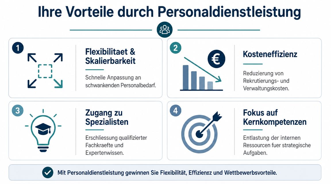 Eine Infografik, die die vier Hauptvorteile von Personaldienstleistungen für Unternehmen übersichtlich und strukturiert darstellt.