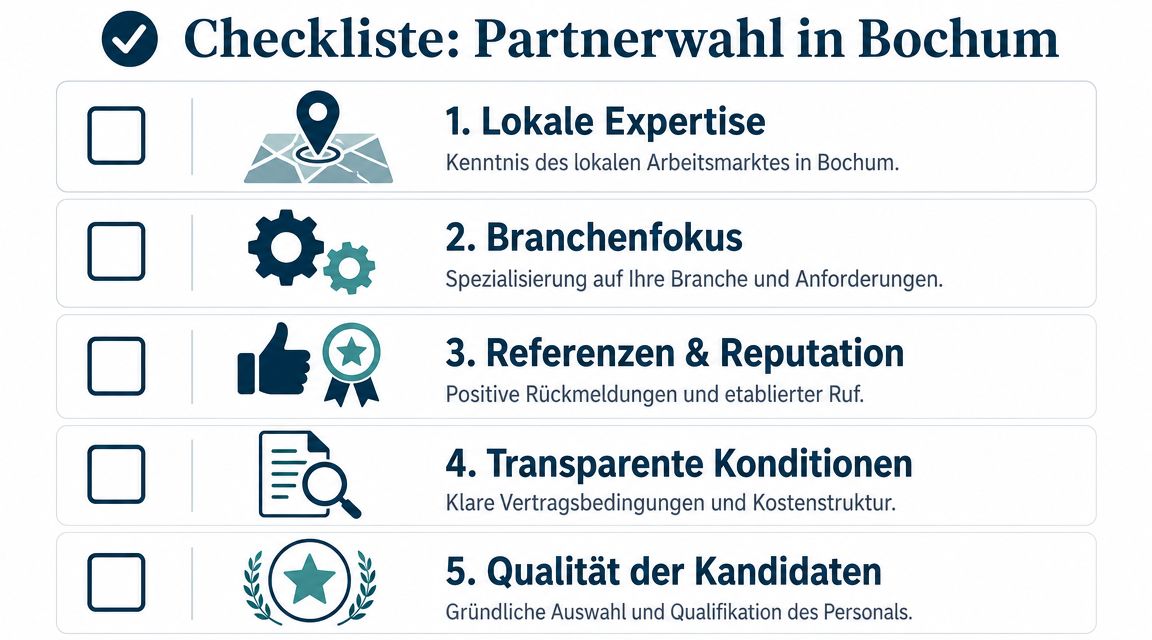 Eine Checkliste für die Auswahl eines Personaldienstleisters in Bochum mit fünf zentralen Qualitätskriterien für Unternehmen.