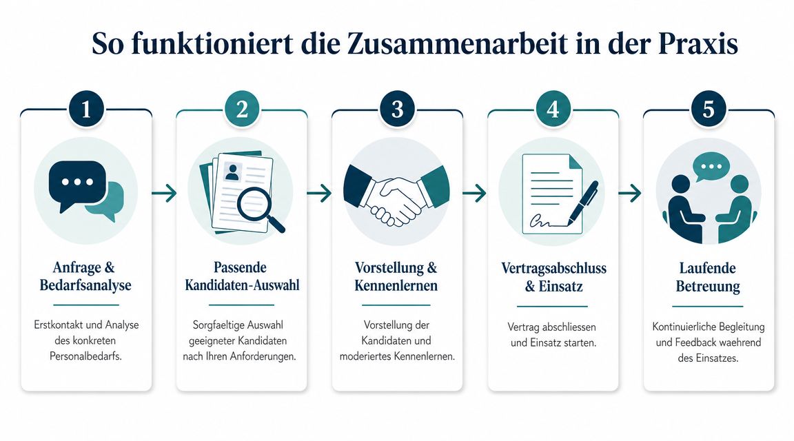 Eine fünfstufige Infografik, die den Prozess der Personalvermittlung von der Bedarfsanalyse bis zur laufenden Betreuung veranschaulicht.