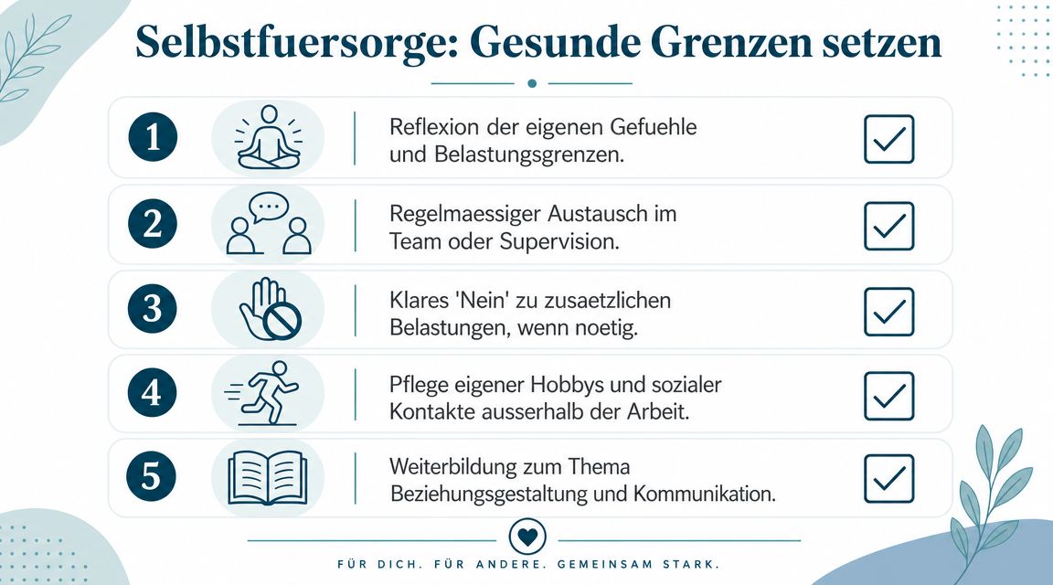 Infografik zum Thema Selbstfürsorge und dem Setzen gesunder Grenzen im beruflichen Alltag mit fünf hilfreichen Schritten.