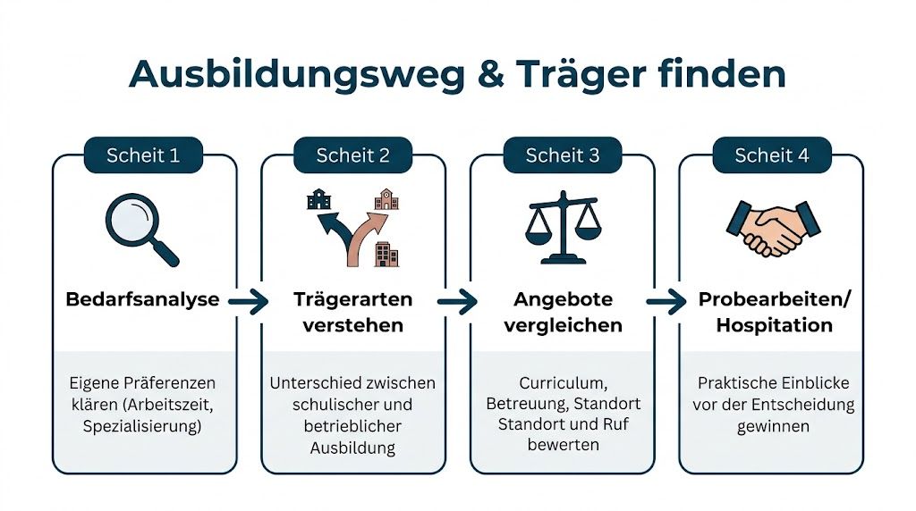 Eine Infografik mit vier Schritten zur Wahl des richtigen Ausbildungswegs und Trägers für eine Umschulung.
