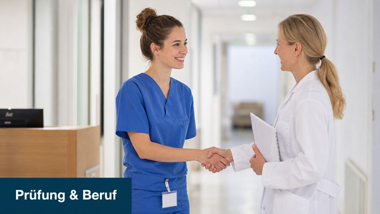 Eine junge Pflegerin und eine Ärztin begrüßen sich freundlich per Handschlag in einem hellen Klinikflur.