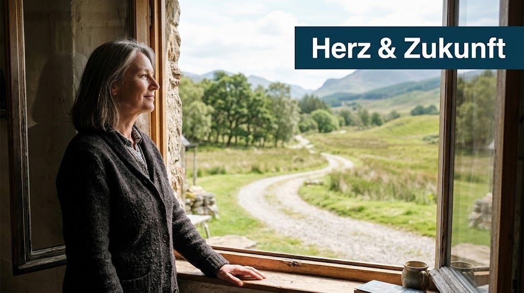 Eine ältere Frau blickt nachdenklich aus einem Fenster auf eine malerische Landschaft mit grünen Wiesen und Hügeln.