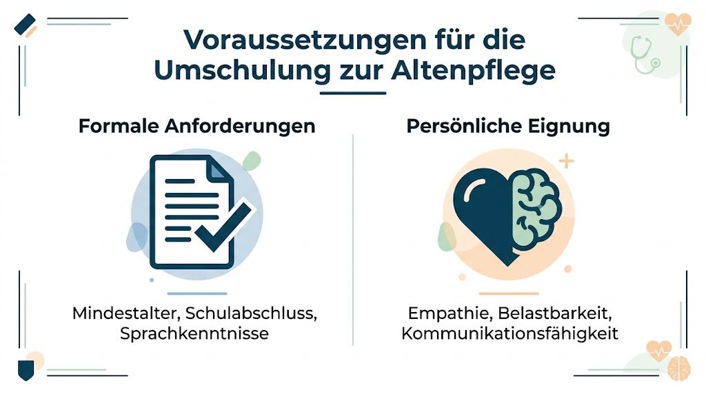 Eine Infografik, die die formalen Voraussetzungen und die persönliche Eignung für eine Umschulung in der Altenpflege auflistet.