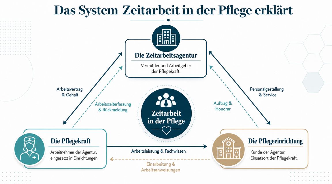 Grafik zur Erläuterung des Systems der Zeitarbeit in der Pflege zwischen Agentur, Pflegekraft und Einrichtung.