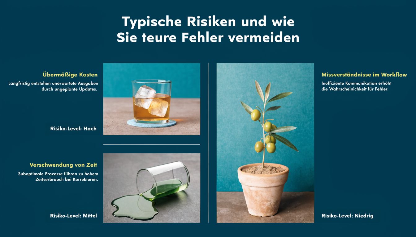 Eine Infografik über geschäftliche Risiken wie Kosten, Zeitverlust und Kommunikationsprobleme sowie deren jeweilige Risikostufen.