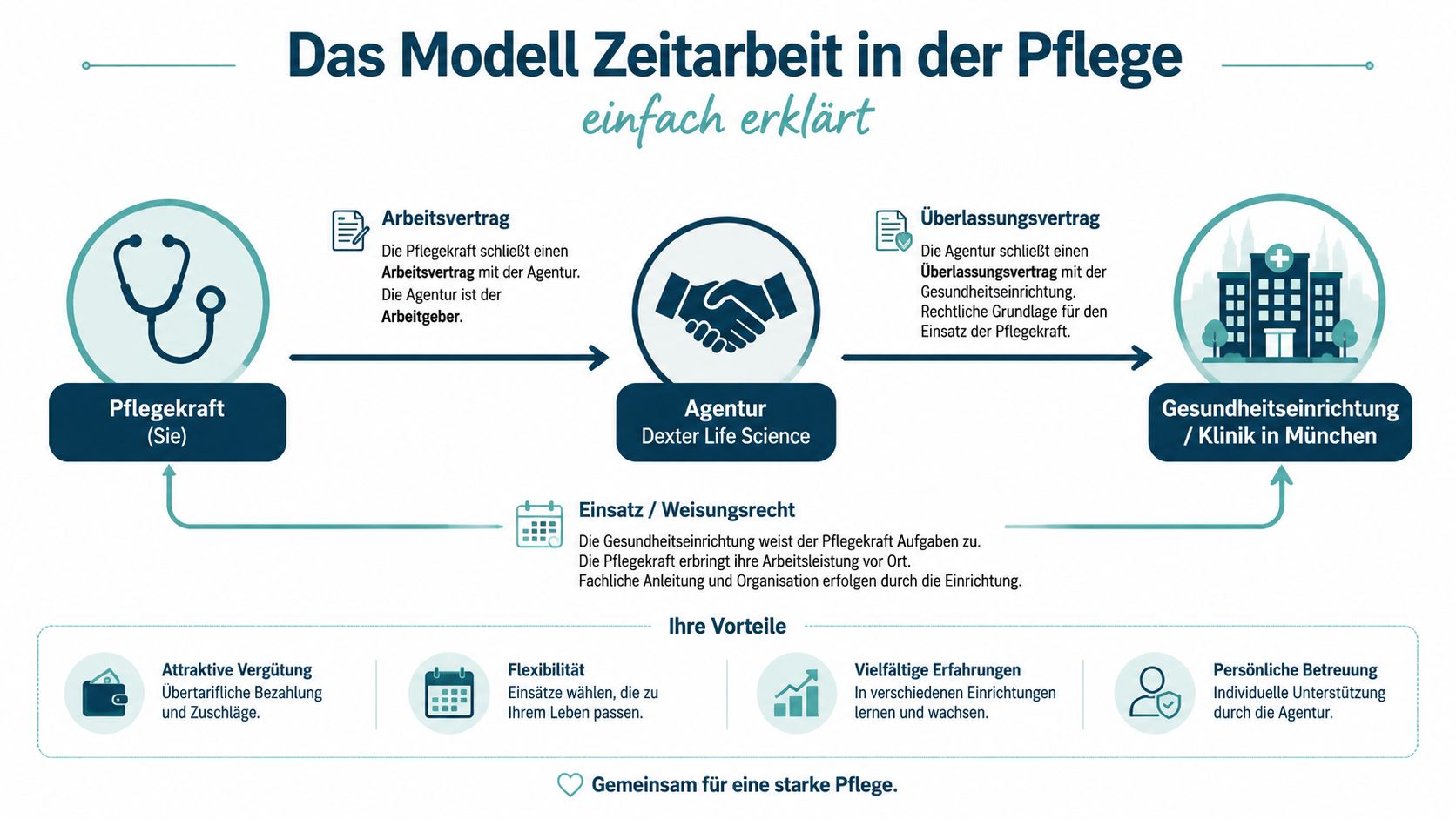 Infografik zum Modell der Zeitarbeit in der Pflege mit der Agentur Dexter Life Science in München.