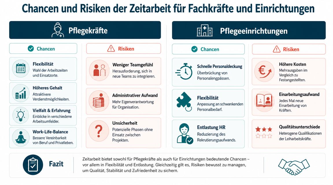 Eine Infografik mit Chancen und Risiken der Zeitarbeit in der Pflege für Fachkräfte und Einrichtungen.