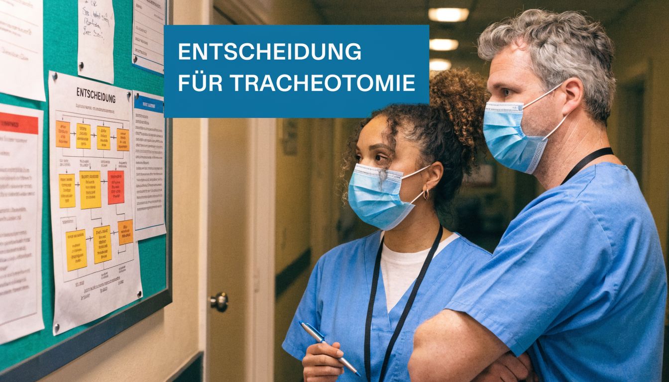 Zwei medizinische Fachkräfte betrachten gemeinsam eine Infografik zur Entscheidungsfindung für einen Tracheotomie-Eingriff in einem Krankenhausflur.