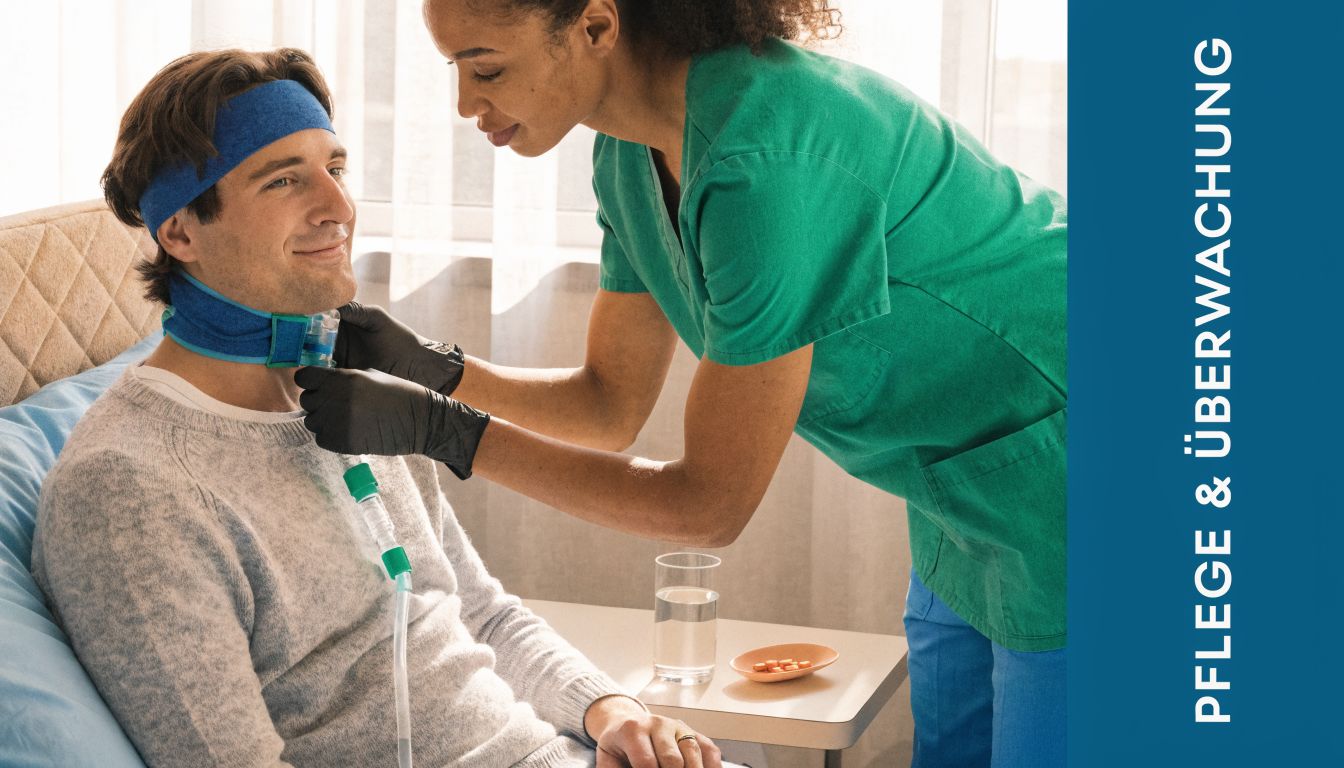 Eine Pflegekraft passt die Beatmungssonde an der Luftröhre eines lächelnden Patienten im Krankenhausbett liebevoll an.