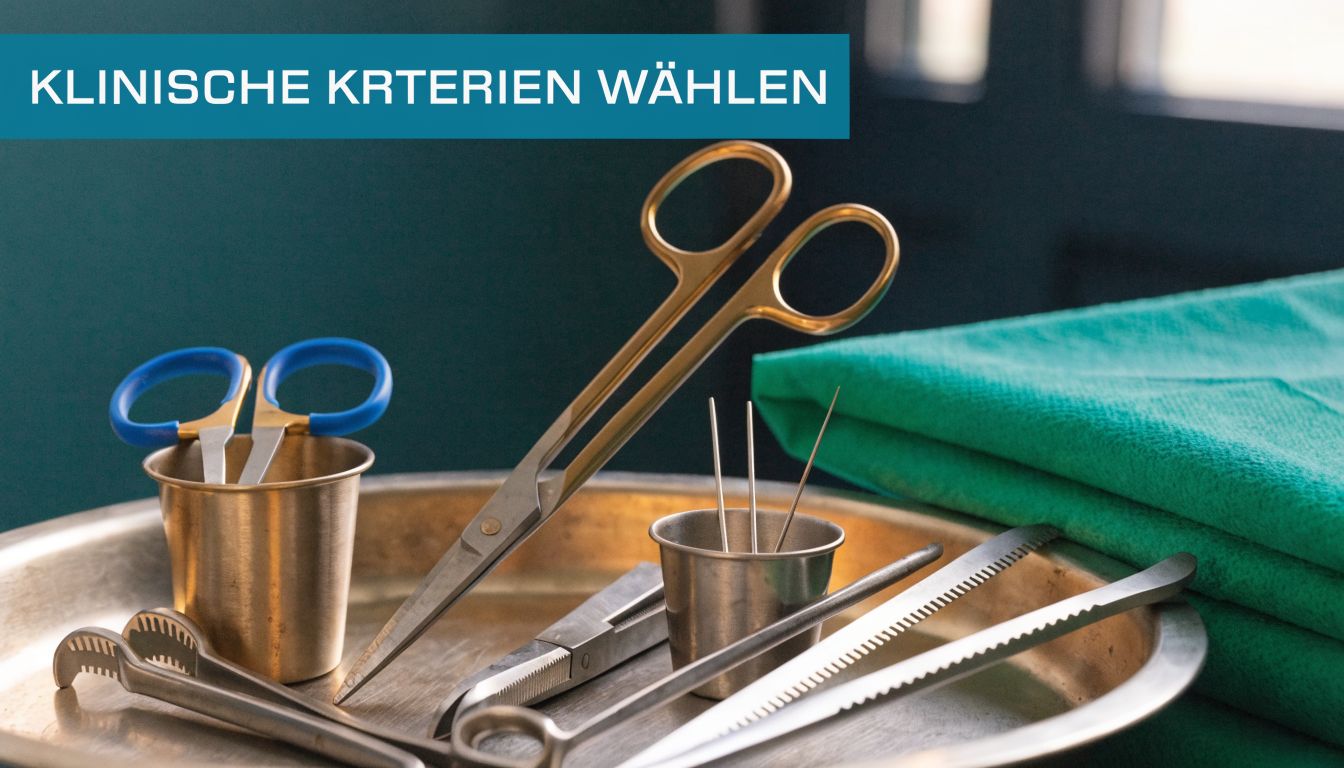 Ein medizinisches Tablett mit verschiedenen chirurgischen Instrumenten wie Scheren und Pinzetten vor einem grünen Tuch.