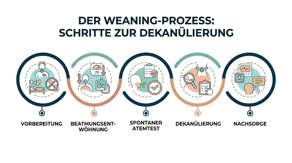 Eine Infografik, die die fünf Schritte des Weaning-Prozesses zur Dekanülierung nach einem Luftröhrenschnitt anschaulich darstellt.