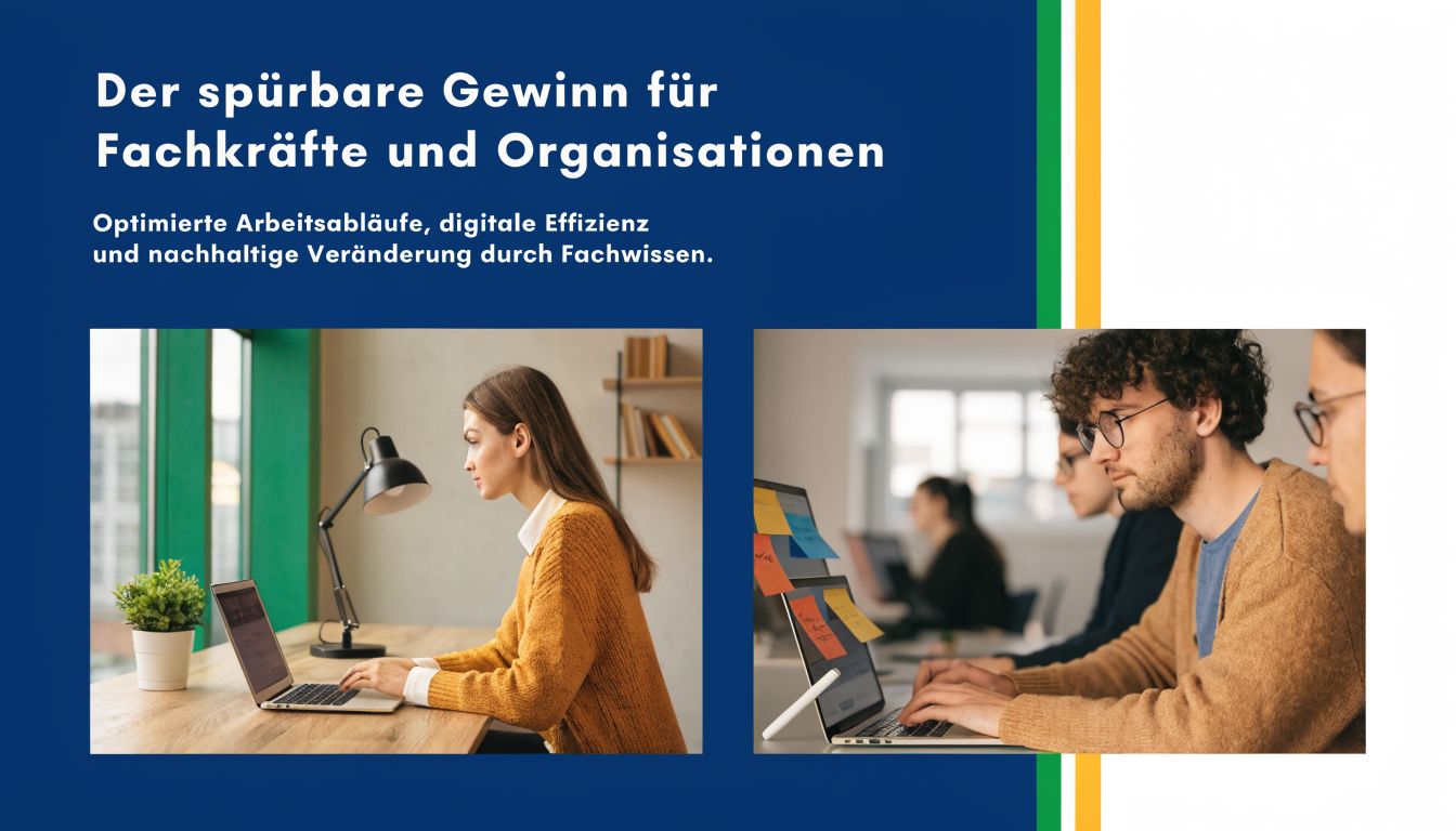 Zwei Bilder zeigen junge Fachkräfte, die konzentriert an Laptops in einer modernen Büro- oder Arbeitsumgebung arbeiten.