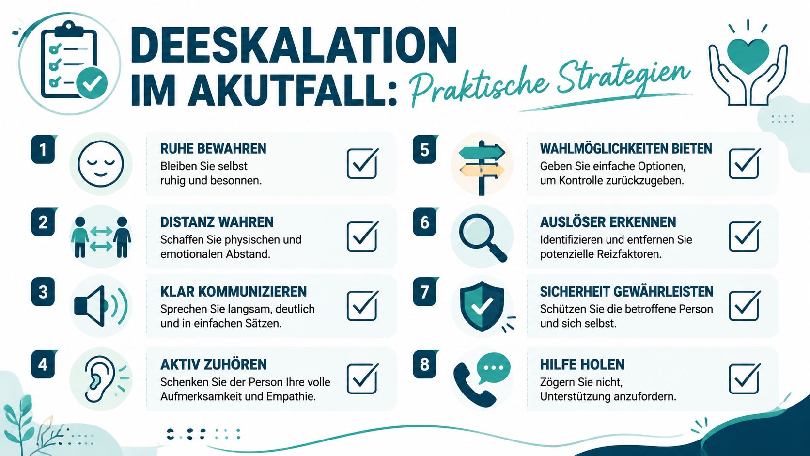 Eine Infografik mit acht praktischen Strategien zur Deeskalation in akuten Situationen, dargestellt mit Symbolen und kurzem Text.