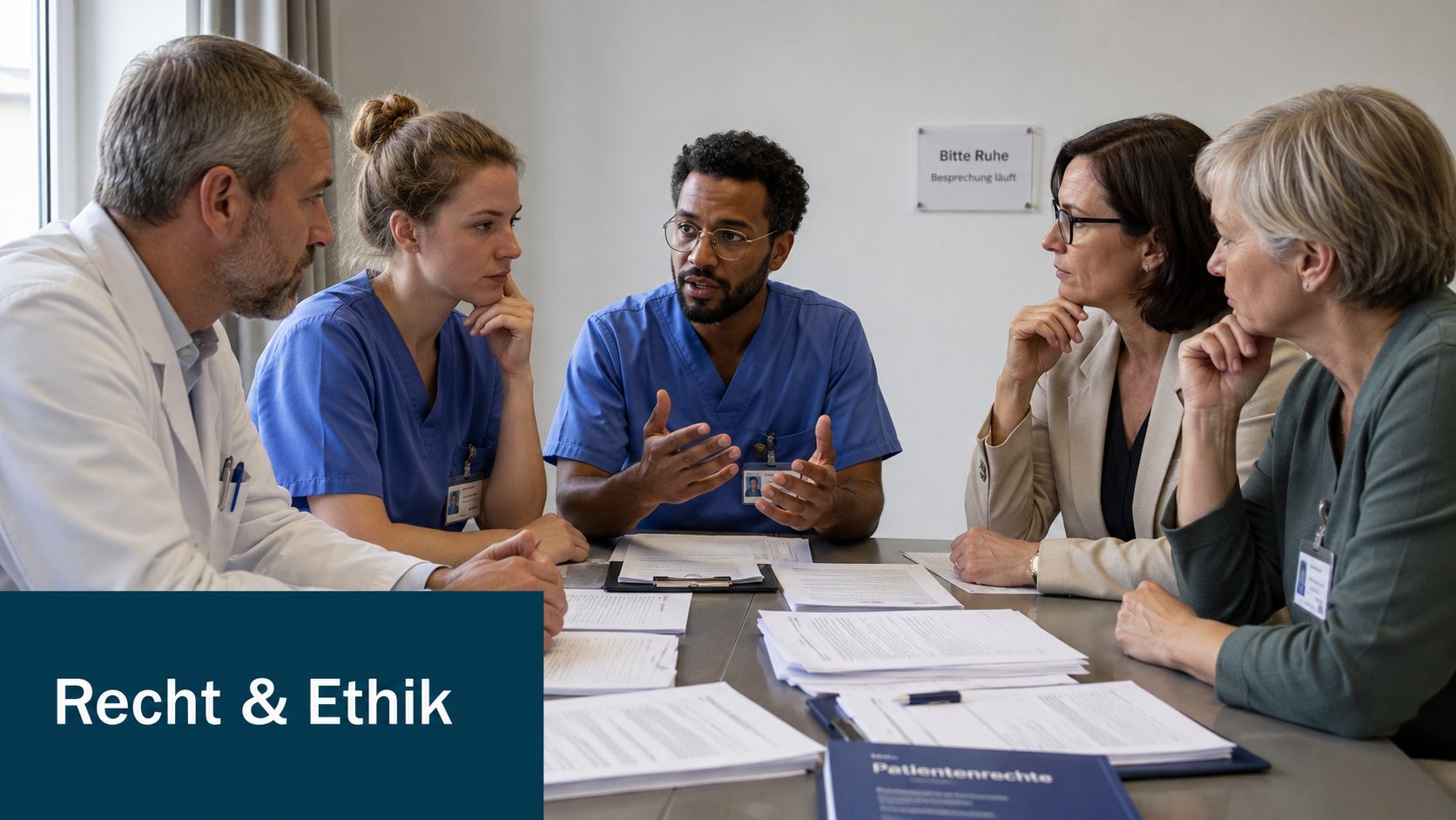 Ein interdisziplinäres medizinisches Team bespricht rechtliche und ethische Fragen in einem Besprechungsraum in einem Krankenhaus.