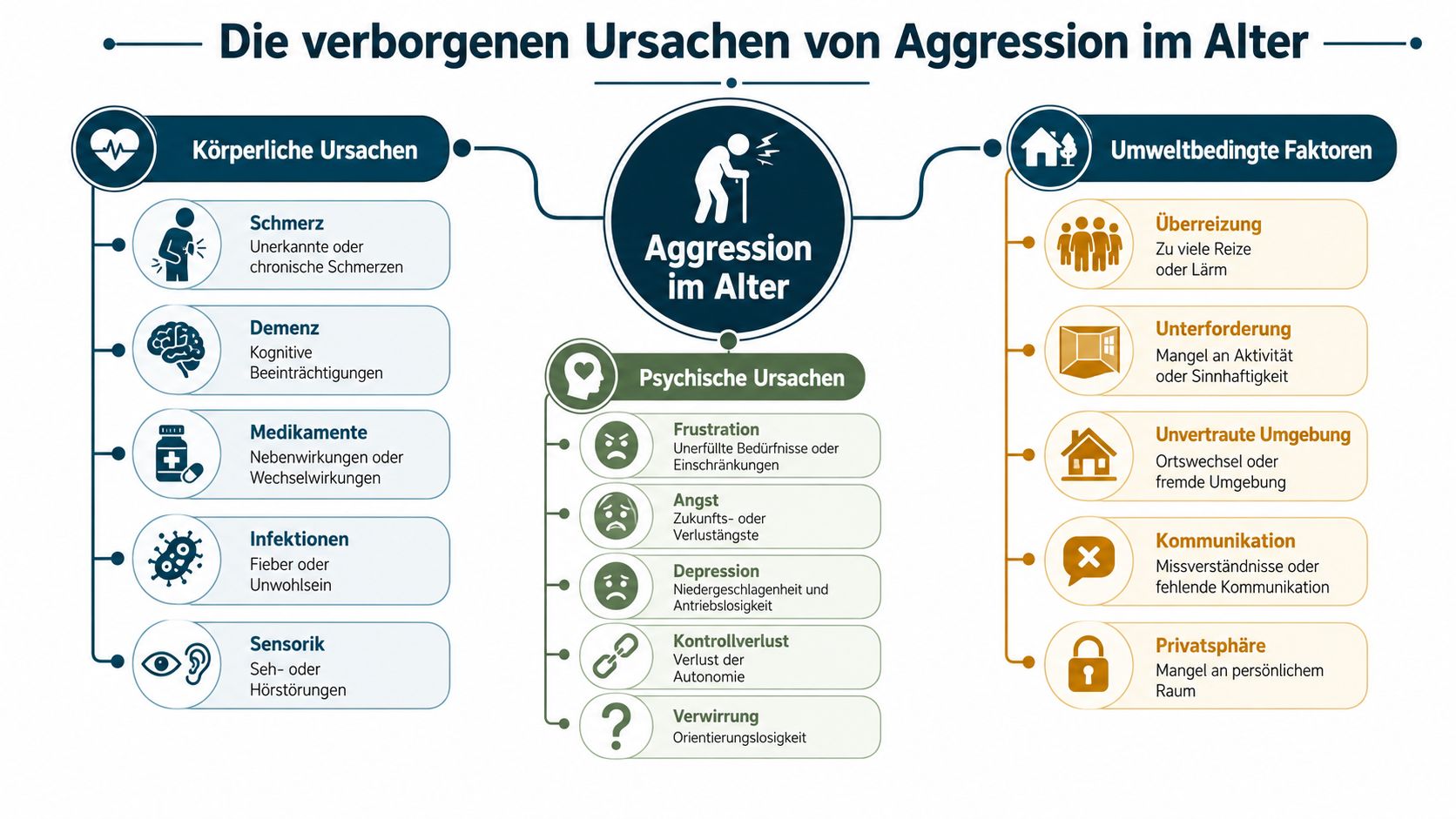 Eine Infografik, die die verschiedenen körperlichen, psychischen und umweltbedingten Ursachen von Aggression im Alter veranschaulicht.