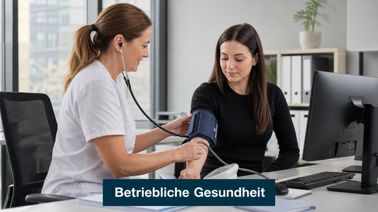 Eine Ärztin führt bei einer Patientin eine Blutdruckmessung am Arbeitsplatz im Rahmen der betrieblichen Gesundheitsvorsorge durch.