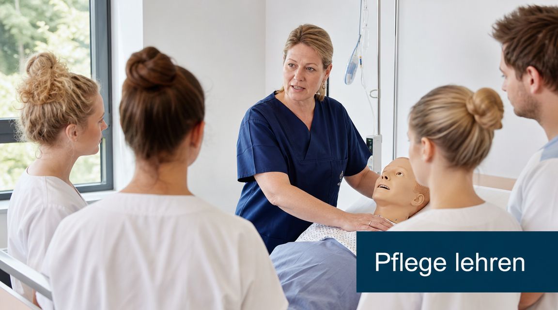 Eine Dozentin zeigt einer Gruppe von Auszubildenden an einer medizinischen Übungspuppe Techniken der professionellen Pflege im Krankenhaus.