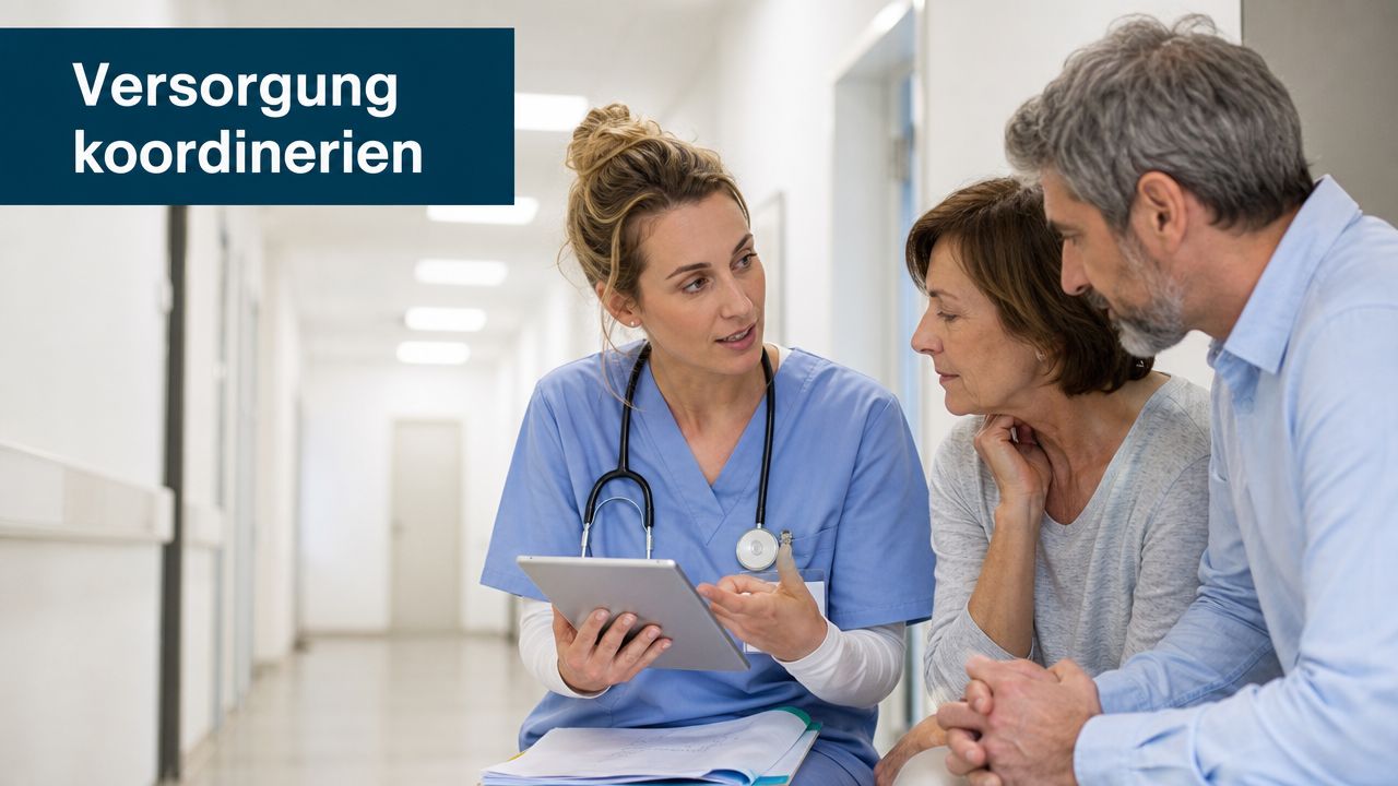 Eine Pflegekraft berät ein älteres Ehepaar in einem Krankenhausflur anhand eines Tablets zur Versorgungsplanung.