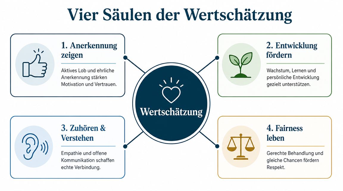 Eine Infografik mit dem Titel Vier Säulen der Wertschätzung, die vier grundlegende Aspekte für gegenseitigen Respekt darstellt.