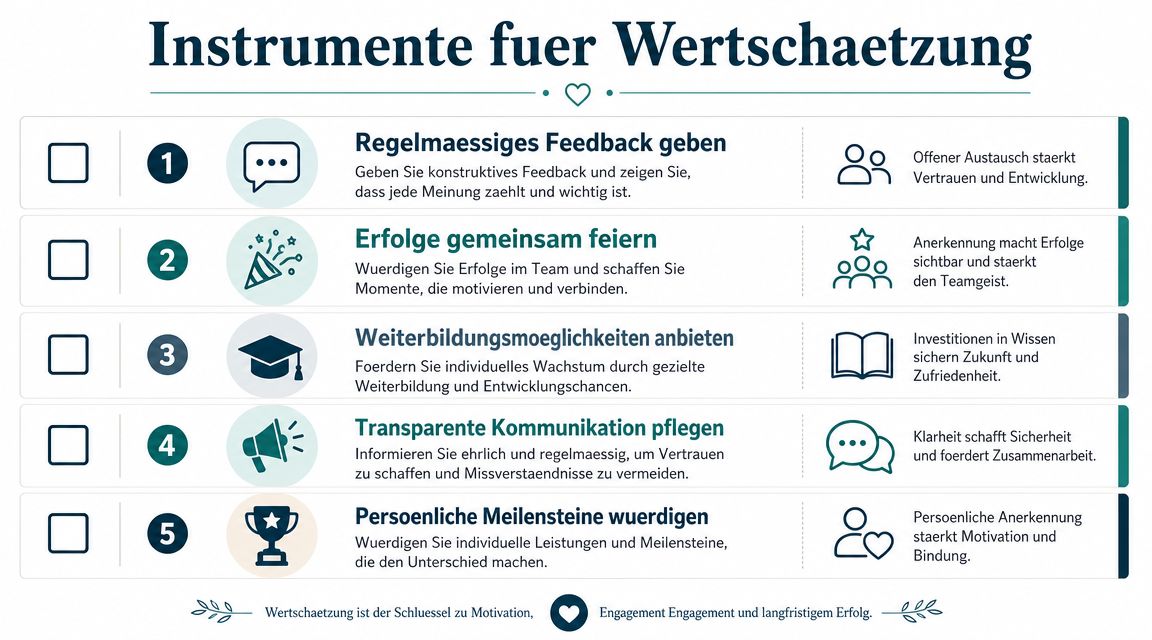 Eine Infografik über fünf wichtige Instrumente zur Wertschätzung für mehr Motivation und langfristigen Erfolg im Team.