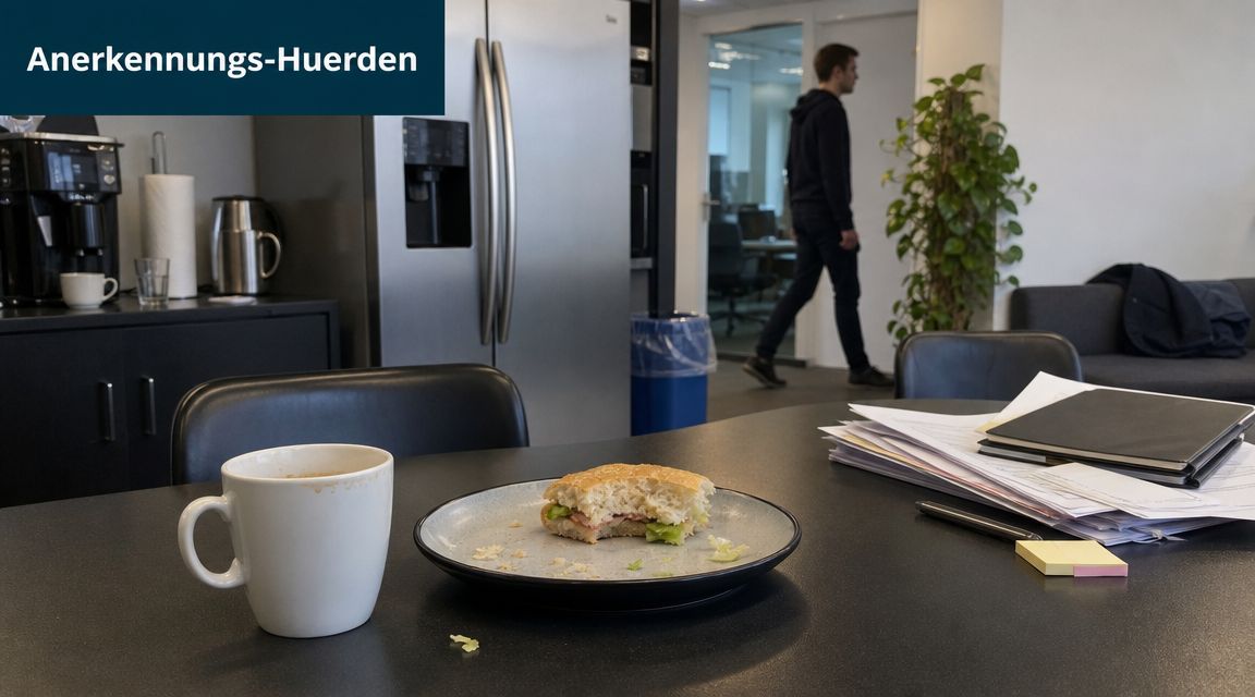 Ein halb gegessenes Sandwich und eine Kaffeetasse auf einem Bürotisch in einer modernen Küchenumgebung im Hintergrund.