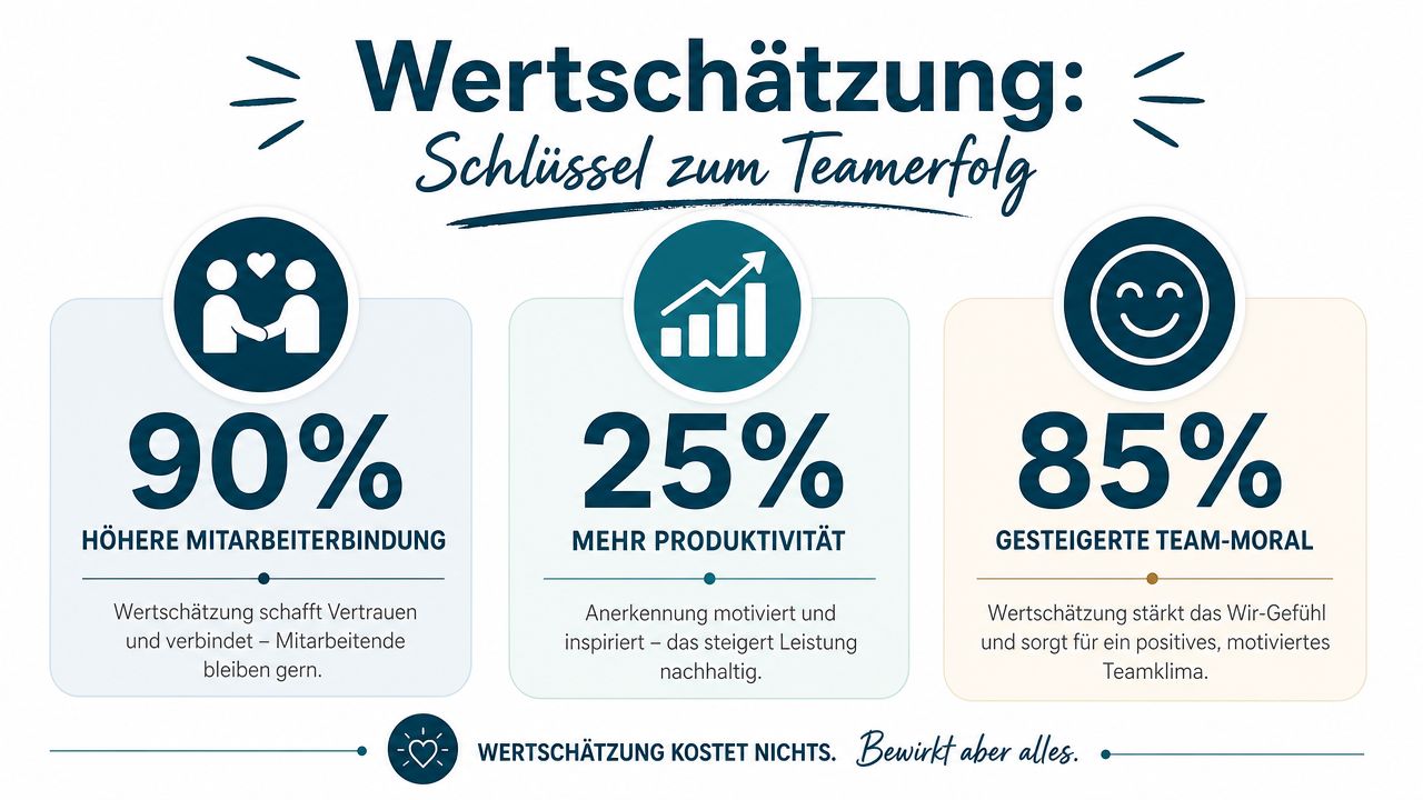 Infografik über die positiven Auswirkungen von Wertschätzung auf Mitarbeiterbindung, Produktivität und Team-Moral im Unternehmen.