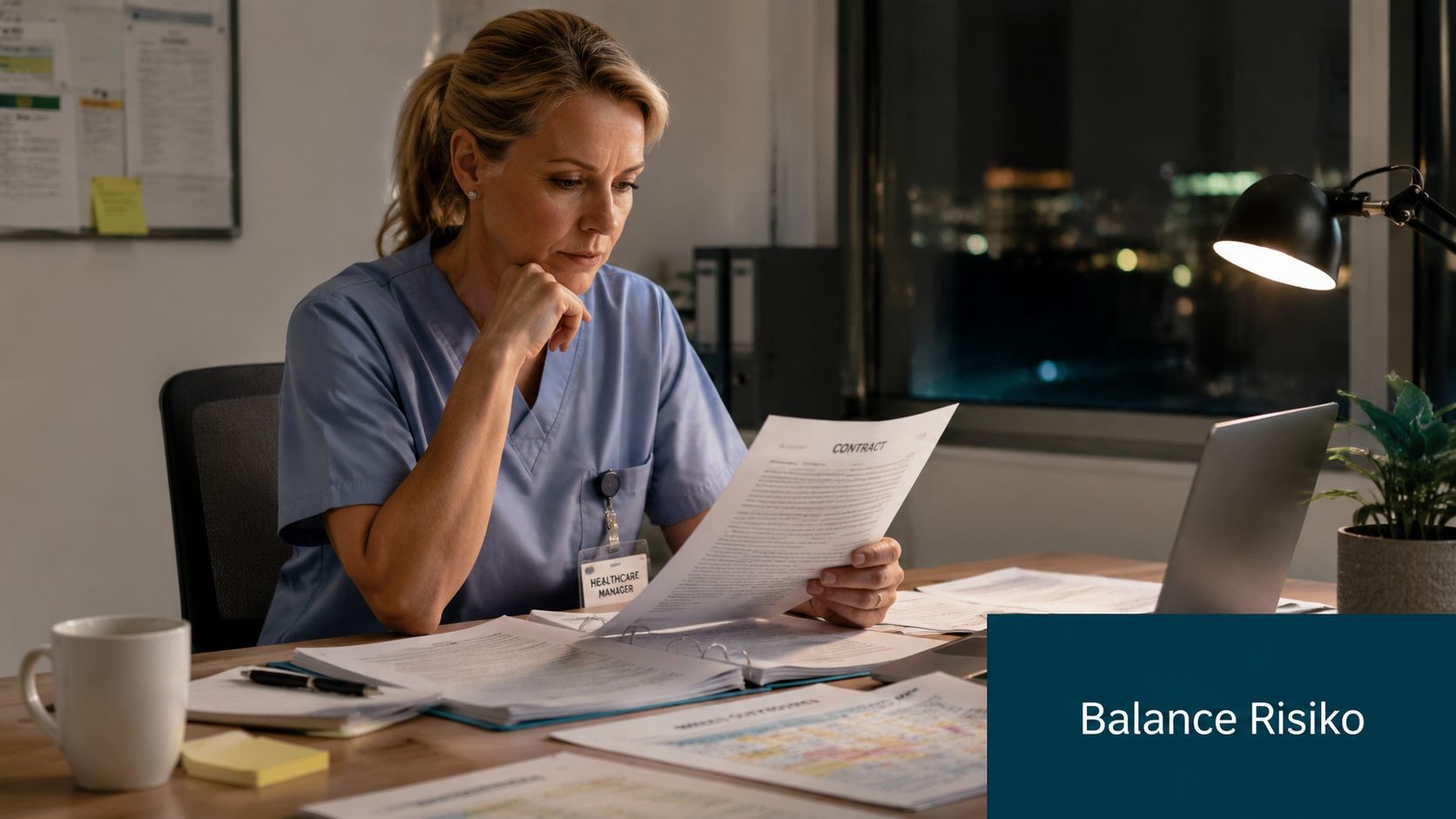 Eine Healthcare Managerin analysiert konzentriert einen Vertrag an ihrem Schreibtisch in einem beleuchteten Büro am Abend.