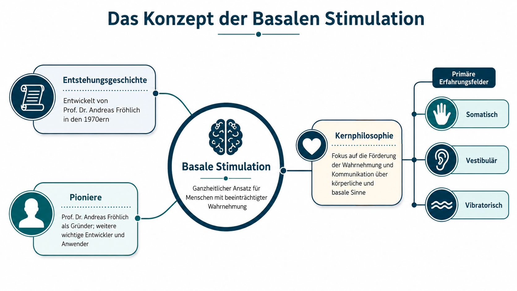 Übersichtsgrafik über das Konzept der Basalen Stimulation mit Entstehungsgeschichte, Kernphilosophie und primären Erfahrungsfeldern wie Somatik, Vestibular und Vibratorisch.