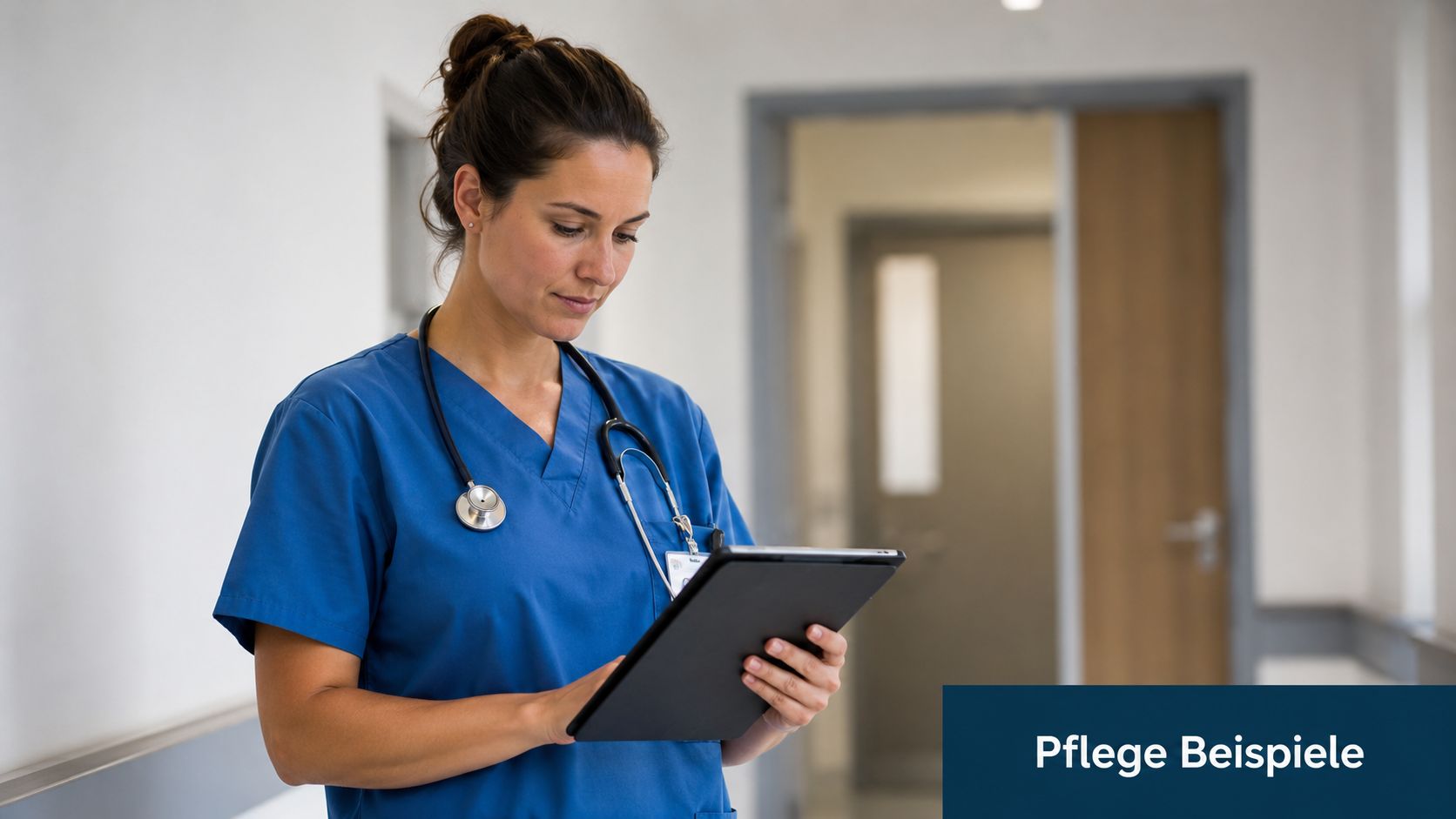 Eine Krankenschwester in blauer Arbeitskleidung betrachtet konzentriert Informationen auf einem Tablet in einem Krankenhausflur.