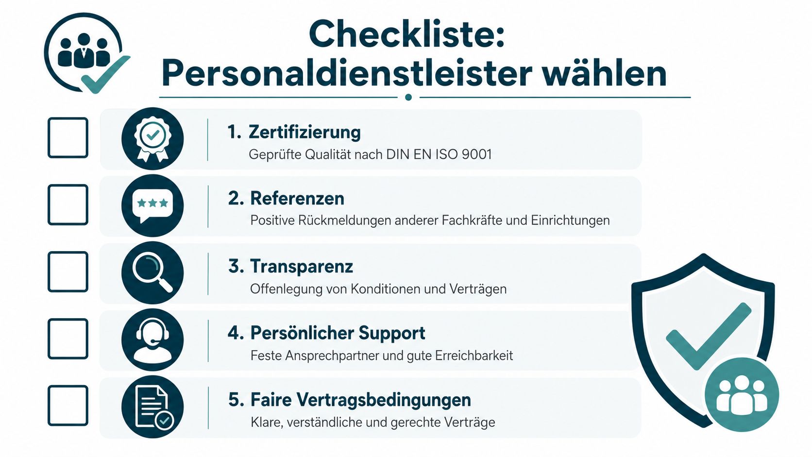 Checkliste zur Auswahl eines professionellen Personaldienstleisters für Pflegekräfte mit fünf wichtigen Qualitätskriterien in grafischer Darstellung.