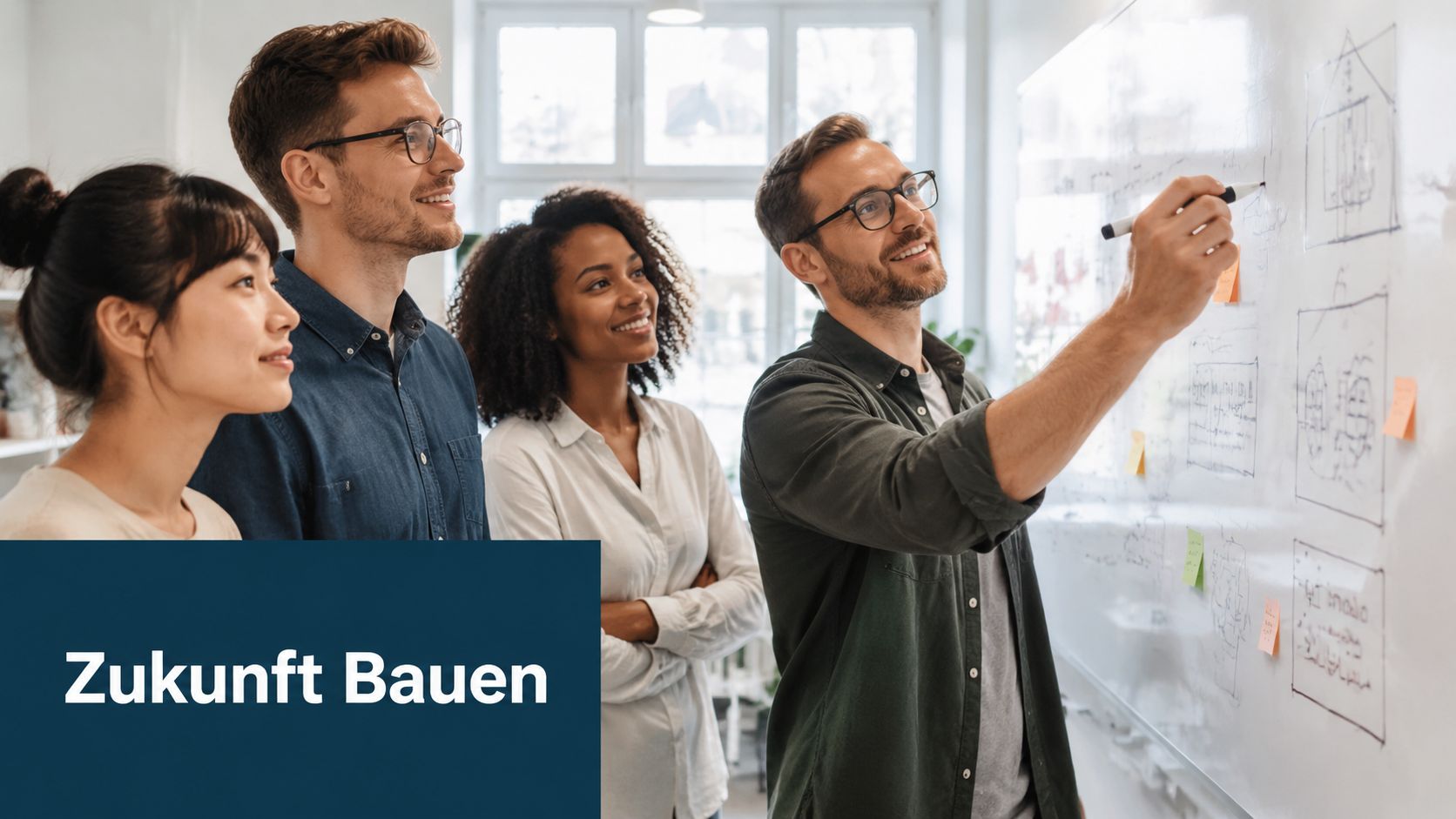 Ein diverses Team von vier jungen Kollegen plant gemeinsam an einem Whiteboard die Zukunft.
