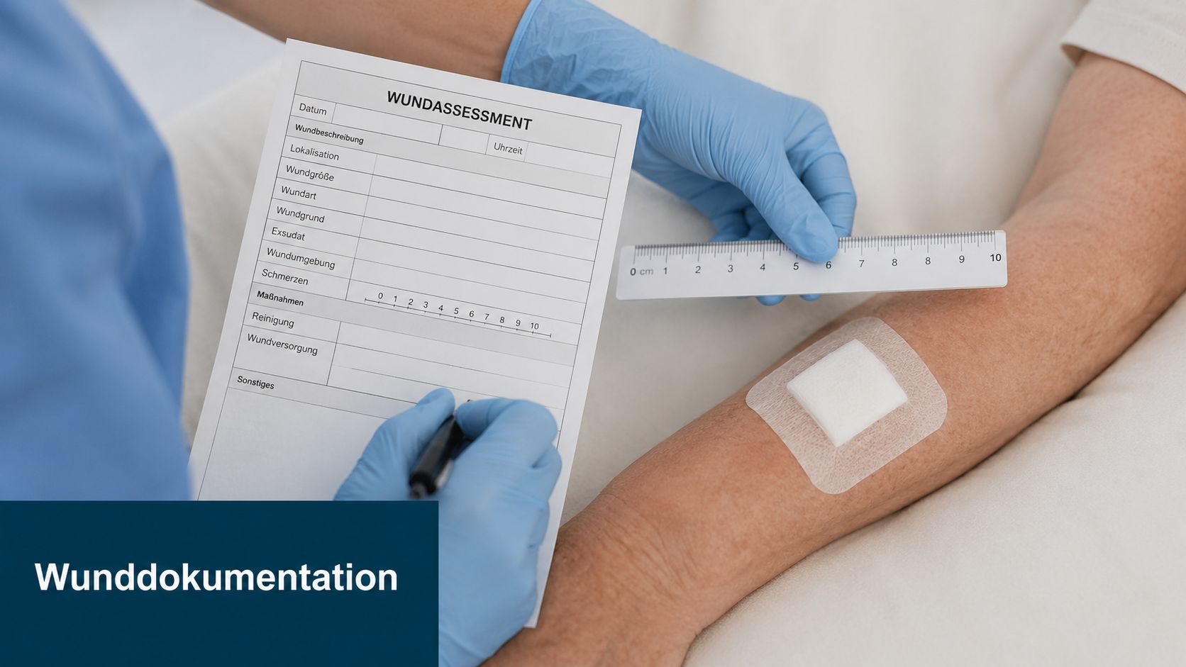 Eine Pflegekraft dokumentiert die Wundversorgung eines Patienten auf einem offiziellen Wundassessment-Formular mit einem Lineal zur Messung.