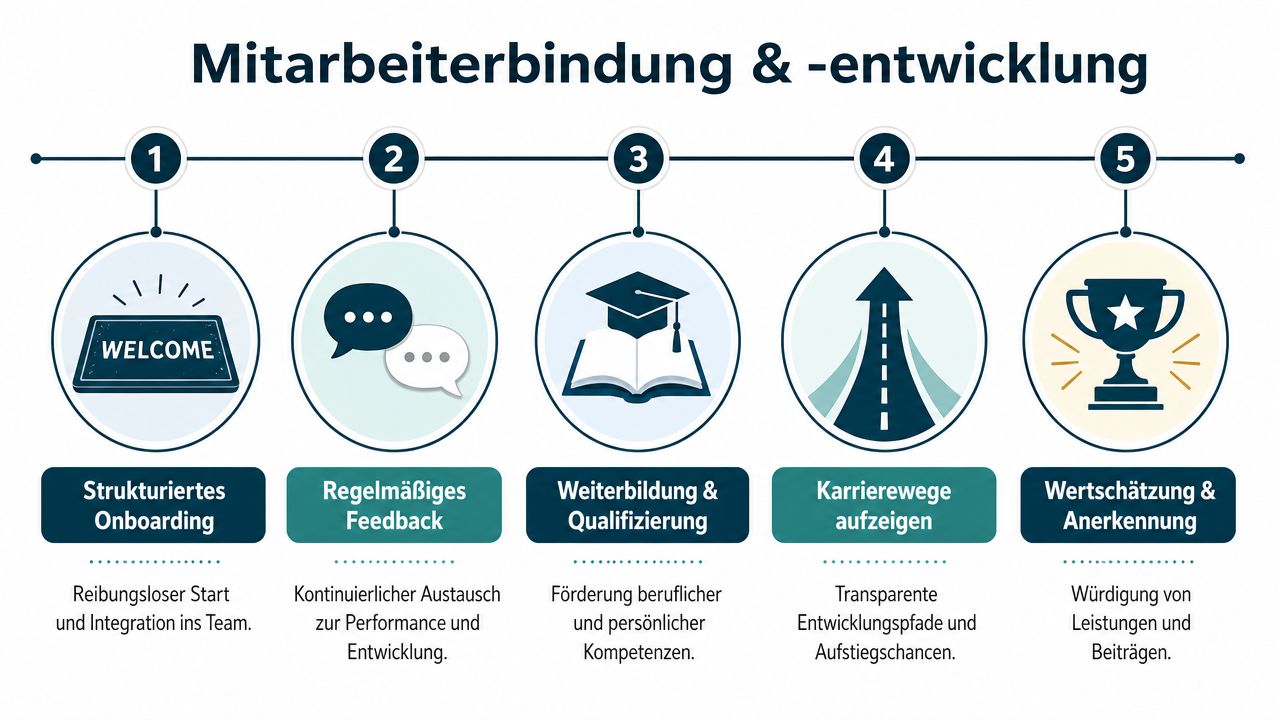 Grafik zur Mitarbeiterbindung und -entwicklung mit fünf Schritten: Onboarding, Feedback, Weiterbildung, Karrierewege und Anerkennung für pädagogische Fachkräfte.