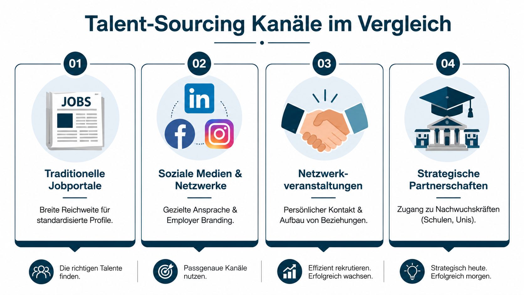 Eine Infografik stellt vier verschiedene Talent-Sourcing-Kanäle für die Personalsuche und das Recruiting übersichtlich gegenüber.