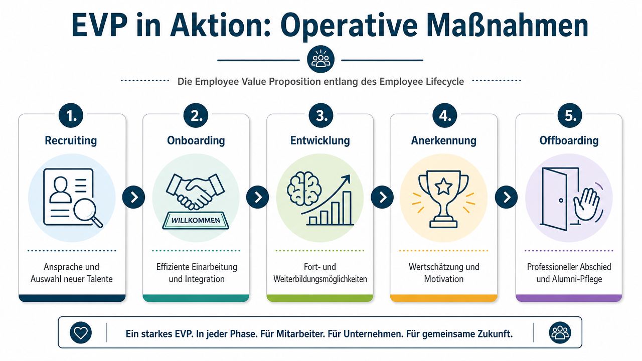 Eine Übersicht der fünf Phasen des Employee Lifecycle zur operativen Umsetzung der Employee Value Proposition im Unternehmen.