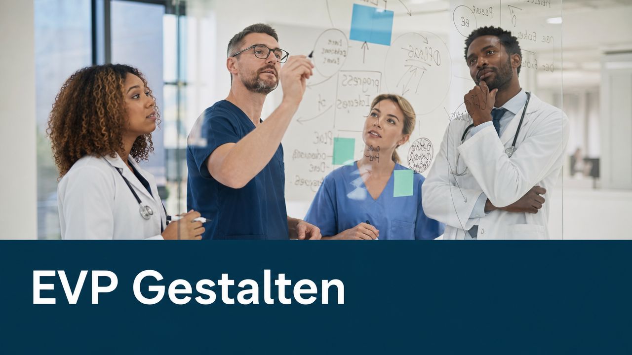 Ein medizinisches Team bespricht gemeinsam eine Strategie auf einer beschreibbaren Glaswand in einer modernen Klinik.