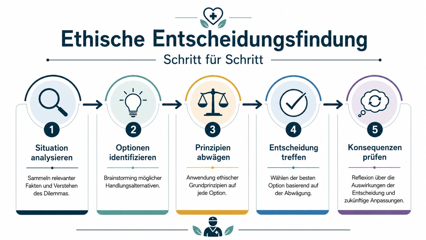 Eine Infografik zur ethischen Entscheidungsfindung in der Pflege mit fünf Schritten in einem Prozessmodell.